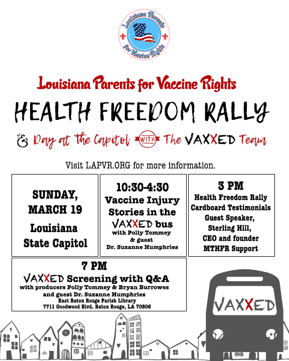 flyer for the louisiana parents for vaccine rights health freedom rally in baton rouge louisiana