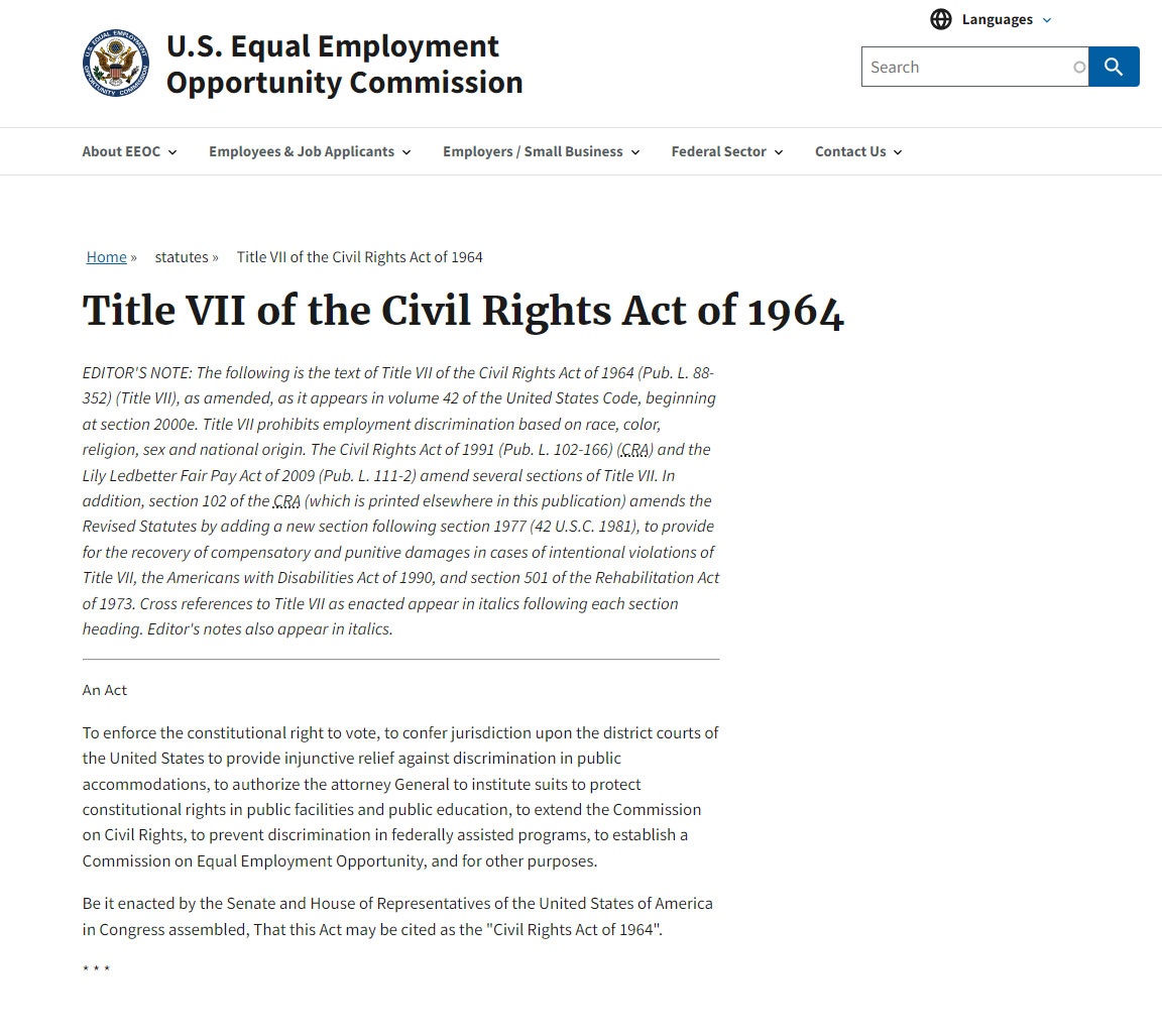 screenshot of the united states equal employment opportunity commission title VII of the civil rights act of 1964